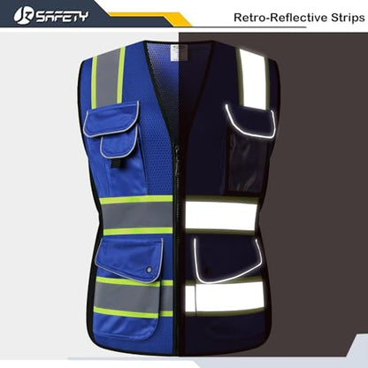 JKSafety Women Hi-Vis Reflective Safety Vest | Neon Color body Sewed Reflective Strips Breathable Lightweight ANSI Compliant - color: V168-blue, size: X-Large