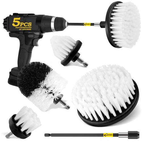 Holikme 5Pack Drill Brush Attachment Set-Car Interior Detailing Kit，Power Scrubber Brush Extended Long Attachment for Bathroom, Car，Shower，Carpet,Boat,Kitchen，Floor and Tile，White - color: White