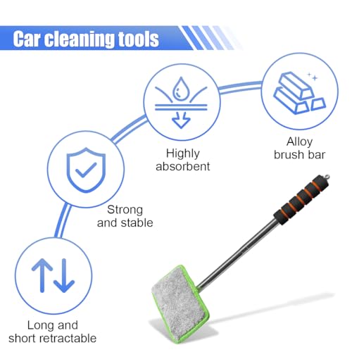 Car Windshield Cleaner Tool, Retractable Rearview Mirror Brush with Extendable Handle, Microfiber Window Washing Pad, Portable Auto Glass Wiper for Car Home Office (Green) - color: Green