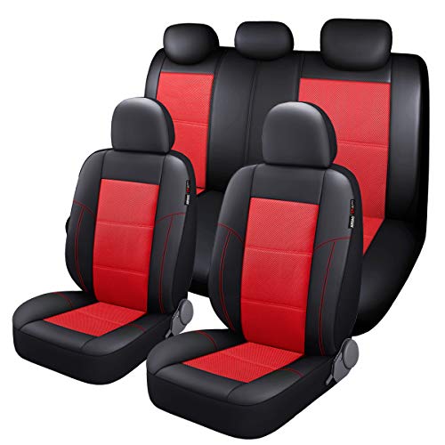 P&J AUTO Leather and Mesh Car Seat Cover Full Set in 9pcs Universal Fit for Cars Trucks Vans & SUVs Airbag Compatible (Red) - color: Red