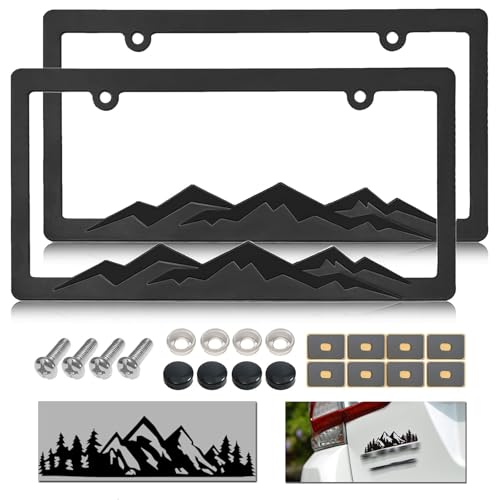 Mountain License Plate Frames - Plastic Car Tag Holders with Raised Mountain Design, Black on Black, 2 Pack 2 Hole with Screws & Caps, Mountain Vinyl Sticker Included - color: Black