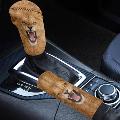 Jeiento Lion Pattern Car Gear Shift Knob Cover Non-Slip Soft Fit Most Cars Sedan SUV Van Truck Brown Auto Interior Accessories for Women - color: Lion