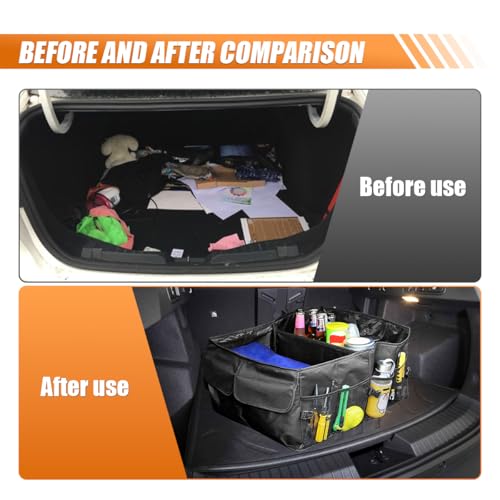 Car Trunk Organizer with Multi-Compartment, Waterproof Oxford Cloth Foldable Cargo Storage Box, Portable Auto Organization for Cars SUVs Trucks (Black)