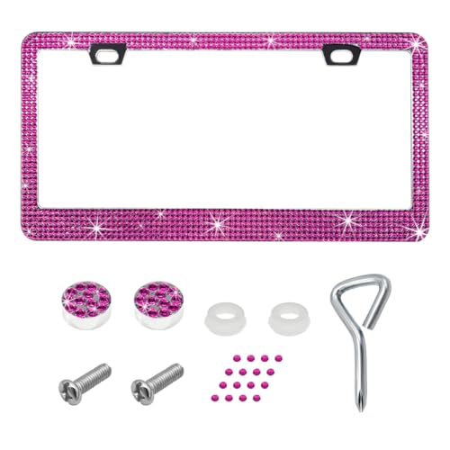 DXNQ Bling License Plate Frame, Sparkly Rhinestone Diamond License Plate Cover with Crystal Screws Caps, Glitter Crystal Stainless Steel License Plate Holder for Women, Car Accessories (Pink) - color: Pink