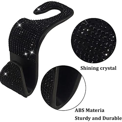 Dermasy 2 Pack Car Hooks, 2021 New Bling Rhinestones Crystal Hooks Car Decorations Auto Seat Back Organizers Strong and Durable Backseat Hanger Storage Universal for SUV Truck Vehicle (Black)