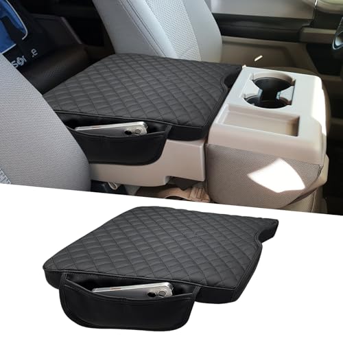 Xaido Center Console Cover Compatible with 2015-2024 2025 Ford F150 & 2017-2025 F250 F350 F450 with 40/20/40 Jump Seat, Leather Armrest Protector Pad with Side Pockets (Jump Seat Only) - color: Black with Side Pockets, size: for 2015-2025 F150 Jump Seat C