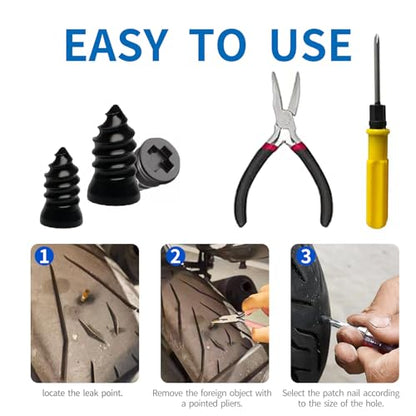 Tire Repair Rubber Nail Kit with Extraction Pliers, Screwdriver and Gloves - 40 PCS Vacuum Tire Repair Screws, Emergency Tubeless Tire Plug Kit for Car, Motorcycle, Truck, SUV, ATV