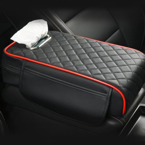 Car Center Console Cover, Leather Car Armrest Box Pad with Pocket and Tissue Box Arm Rest Cushion Universal Car Seat Box Cover Car Interior Accessories for SUV/Truck/Vehicle (Black+Red)