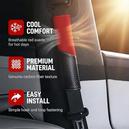 2PCS Car Seat Belt Cover, Soft Carbon Fiber Suede Breathable Vehicle Seat Strap Shoulder Cushion, Comfortable Automotive Interior Seatbelt Mat Pad, Universal for SUV Van RV (Black/Red) - color: Black/Red