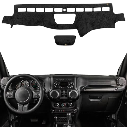 Dashboard Cover Dash Mat Fit for Je-ep Wrangler JK 2017-2011 (for JK Body Code),Car Dash Board Mat Anti-Glare Carpet,Non-Slip Pad Sunshield Protector (Flannel) - color: Black Embossed, size: Fit 11-17 Wrangler JK - (Black)
