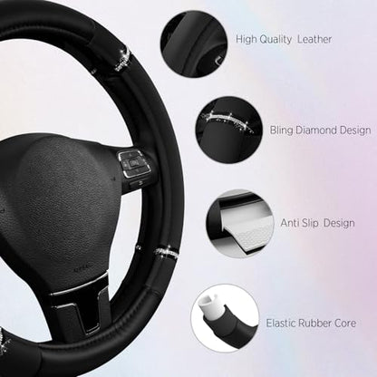 Road Comfort Leather Steering Wheel Cover – Premium Anti-Slip Car Steering Wheel Grip Cover – Universal Fit for 14.5”–15” Cars, Trucks & SUVs - Black - color: Black