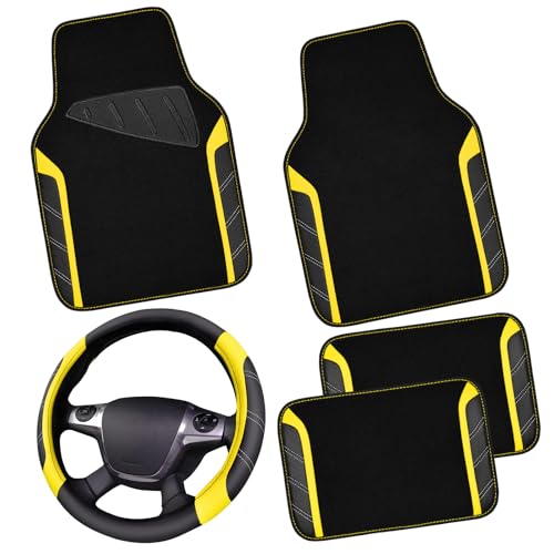 CAR PASS Leather Steering Wheel Cover and Waterproof Car Floor Mats,Microfiber Universal Car Combo Fit for 95% Sedan SUV Van Truck,14.5-15 inch Sporty Anti-Slip Safety Comfortable Design, Black＆Yellow - color: Black&Yellow