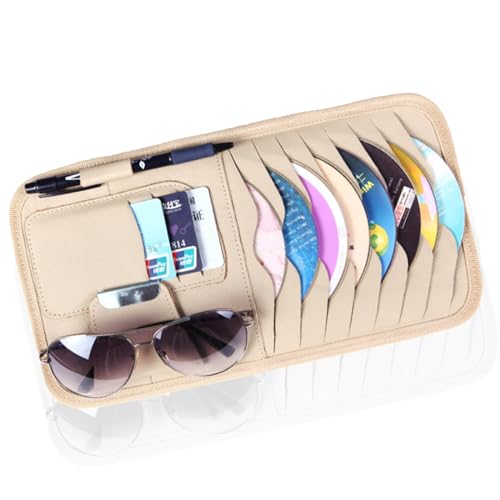 Car Cd Holder, Large Sun Visor Organizer Pocket for Car, Car DVD Vehicle Visor Case with 8 Sleeves, 1 Pen Holder, 3 Card Holder, Universal for Most Car (Beige), LUMDGNCDD045BGWH - color: Beige