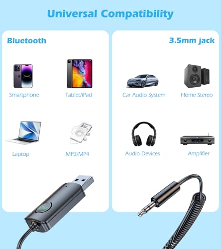 KAIY Bluetooth Receiver for Car AUX, Hands-Free Calling & Music Bluetooth Audio Receiver for Car USB-Powered, 3.5mm Adapter USB 2.0 to 3.5mm Jack Compatible with Speakers/Home Stereo