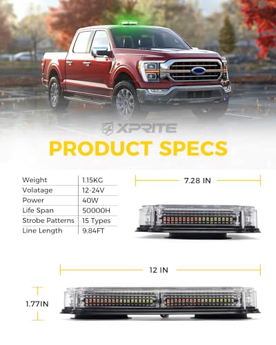 Xprite 108 LED Roof Top Strobe Light, US Flag Pattern Mail Postal Car Light Bar, Emergency Safety Warning LED Mini Strobe Lightbar w/Magnetic for Patrol Vehicles Law Enforcement Trucks, Green White - color: Green White