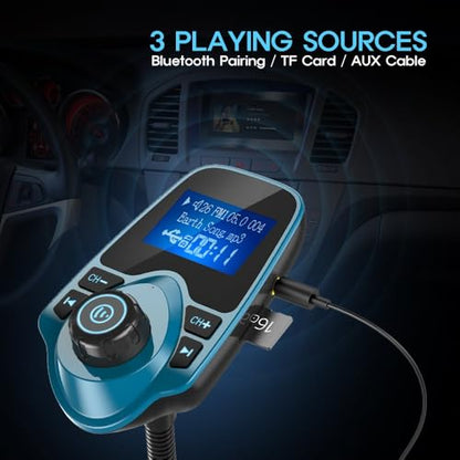 Nulaxy Bluetooth Car FM Transmitter Audio Adapter Receiver Wireless Handsfree Voltmeter Car Kit TF Card AUX 1.44 Display – KM18 Peacock Blue - color: Blue