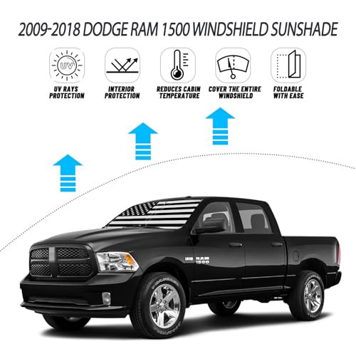 D-Lumina for 2009-2018 Dodge Ram 1500 Windshield Sun Shade, Front Window Sunshade American Flag Sun Visor Protector Fit Ram 1500 RegularCab QuadCab CrewCab MegaCab, Sun Shield Block UV Rays Heat - size: Silver & Black-Fit 2009-2018 Dodge Ram 1500