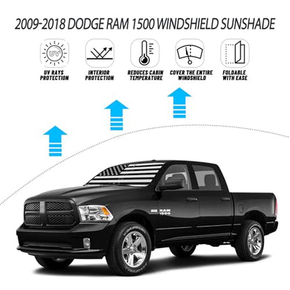 D-Lumina for 2009-2018 Dodge Ram 1500 Windshield Sun Shade, Front Window Sunshade American Flag Sun Visor Protector Fit Ram 1500 RegularCab QuadCab CrewCab MegaCab, Sun Shield Block UV Rays Heat - size: Silver & Black-Fit 2009-2018 Dodge Ram 1500