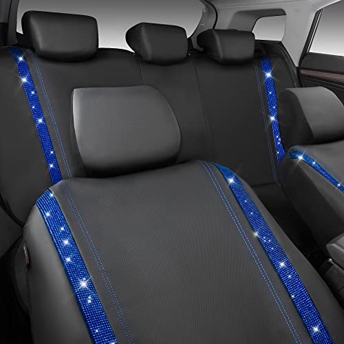 CAR PASS Bling Diamond Car Seat Covers Full Set, Shining Rhinestone Waterproof Faux Leather, Rear with Zipper, Universal Fit Automotive Glitter Crystal Sparkle Strips for Cute Women Girl, Blue - color: Blue Diamond, size: Full Set