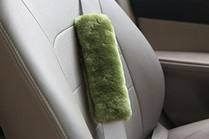 U&M 2 Pack Genuine Sheepskin Auto Seat Belt Cover for Adult Youth Kid Toddlers -Soft Warm Car, Truck, SUV, Camera Backpack Strap Shoulder Pad Wool Fluffy - color: bean green