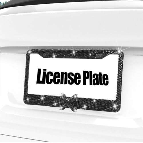 Bling Car License Plate Frame for Women, 2PCS Crystal Rhinestone Stainless Steel Vehicle Plate Holder, Glitter Diamond Sparkly Auto Plate Cover Accessories, Universal Fit (Black/Black Bow) - color: Black/Black Bow