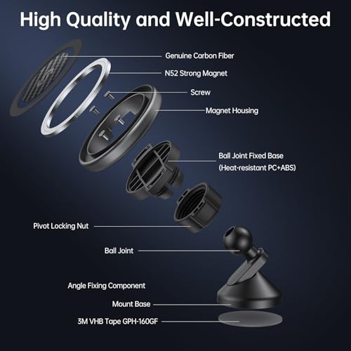 SYNCWIRE MagSafe Car Mount - Flexible Rotation Magnetic Phone Holder for Dash, Strong Magnets, Universal Compatible iPhone, Samsung, Pixel - MagSafe Car Accessories - style: Carbon Fiber