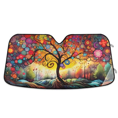 Windshield Sun Shade Abstract Flower Tree Front Window Block UV Shades Visor Reflective Retractable for Car SUV Trucks - color: A011