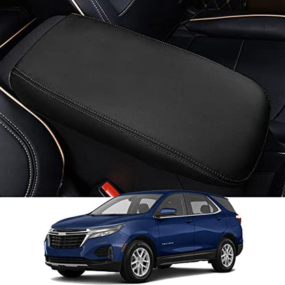 Car Center Console Cover Fit for Chevy Equinox 2018-2023 Waterproof Anti-Scratch Microfiber Leather Armrest Box Pad Protector, Black with Black Stitches