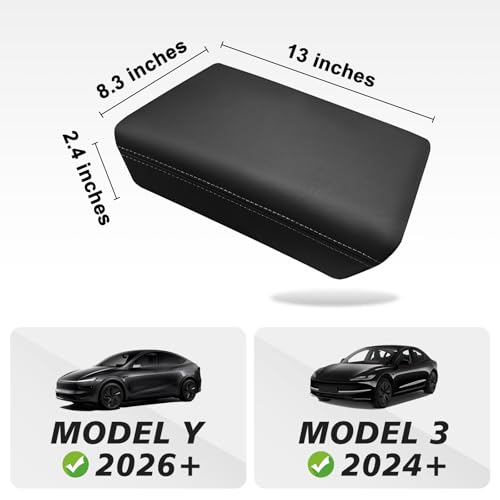 Muslogy Center Console Armrest Cover Fit for Tesla Model Y Juniper 2026+ / Model 3 Highland 2024+ Accessories, Comfort Armrest Pad Console Lid Cushion Vegan Leather Snap-On Black (Hard Cover) - size: 25+ |Juniper| Snap-On Black, Hard Cover