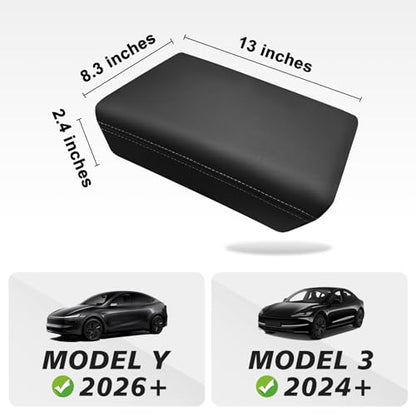 Muslogy Center Console Armrest Cover Fit for Tesla Model Y Juniper 2026+ / Model 3 Highland 2024+ Accessories, Comfort Armrest Pad Console Lid Cushion Vegan Leather Snap-On Black (Hard Cover) - size: 25+ |Juniper| Snap-On Black, Hard Cover