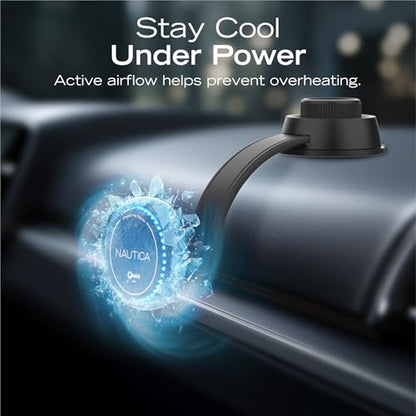 Nautica Turan QMAG Air - Wireless Magnetic Car Charger 15W with Cooling Fan and Ambient Light, Includes 4ft USB C Cable, Universal Phone Mount for iPhone 17, 16, Galaxy S25, S24, Pixel 10 and More