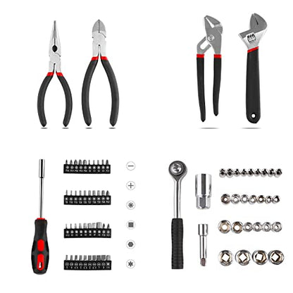 TLGREEN 95 Piece Tool Set, Tool Kit, Mechanics Tool Set, Portable Toolbox with Adjustable Wrench Pliers Socket Bits, with Plastic Toolbox, for House Apartment Garage (Red) - color: Red
