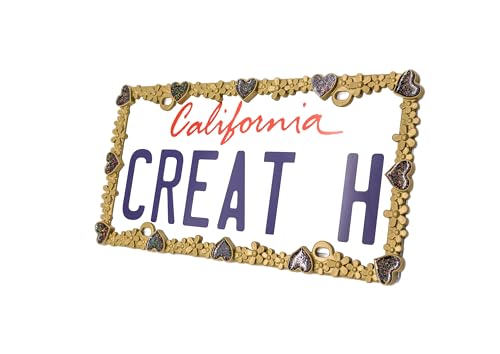 Creathome 3D Shining Daisy Heart License Plate Frame from Pure Zinc Alloy Metal Perfect Plate Holder, Matt Gold with Black Glitter, Luminously Heart - color: Matt Gold with Black Glitter, Luminously Heart