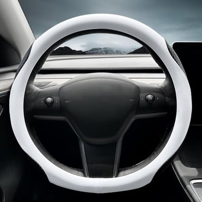 LKWLIKEI Nappa Leather Ultra-Thin Steering Wheel Cover, for Tesla Model 3/Y Steering Wheel Cover, Non-Slip Design and Interior Modification of car Accessories （White） - color: white