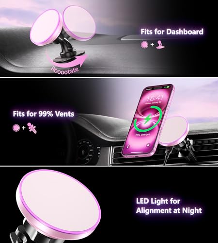 BHHB for Magsafe Car Mount Charger, [2026 Upgrade] 15W 2in1 Magnetic Wireless Car Charger, for Magsafe Car Charger, Vent/Dashboard Phone Holder, ONLY for iPhone 17 16 15 14 13 12 Series (Pink) - color: Pink