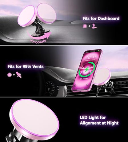 BHHB for Magsafe Car Mount Charger, [2026 Upgrade] 15W 2in1 Magnetic Wireless Car Charger, for Magsafe Car Charger, Vent/Dashboard Phone Holder, ONLY for iPhone 17 16 15 14 13 12 Series (Pink) - color: Pink