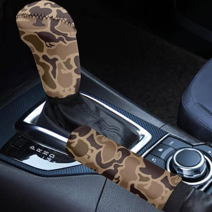 KEIAHUAN 2 Piece Car Gear Shift Knob Cover + Handbrake Sleeve Cover Duck Camo Hunting Washable Neoprene Cloth Car Interior Accessories Universal Fits for SUV,Sedan,Van - color: Brown Duck Camo Hunting