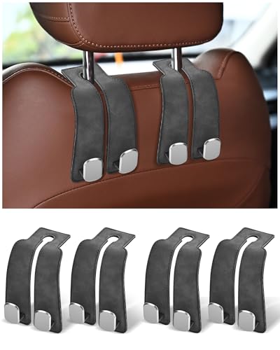 Headrest Hooks for Car, 4 Pack Car Seat Back Organizer Storage Hook, Double Hook Car Seat Hooks for Hanger Purses and Bags, Leather Purse Holder for Car, Grey - color: Grey-4Pack