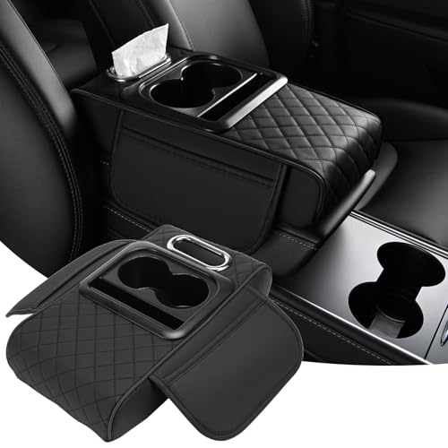 Car Armrest Cushion, 5 in 1 Center Console Cover with 2 Cup Holders, Phone Holder, Tissue Holder, Storage Bag, Multifunctional Leather Heightened Car Armrest Cushion for Most Cars（Black - color: Black