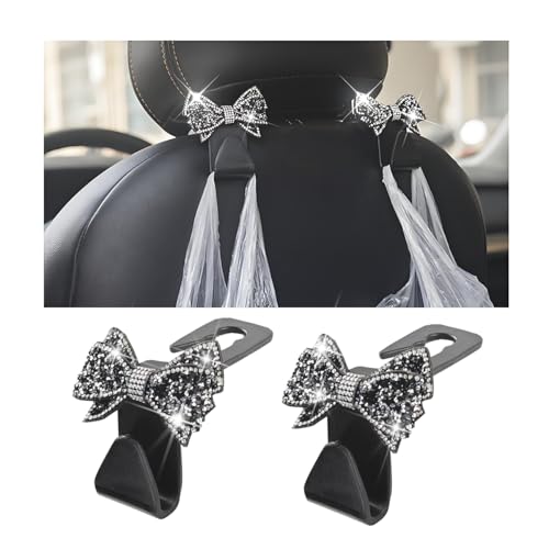 Zpana Bling Car Headreat Hook, 2PCS Crystal Rhinestone Cute Bow Vehicle Seat Back Hanger Storage for Purses Bags Grocery, Diamond Auto Rear Seat Organizer, Universal for SUV Truck Sedan (Black) - style: Black/2PCS
