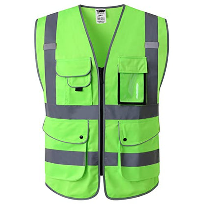 JKSafety 9 Pockets Class 2 High Visibility Zipper Front Safety Vest With Reflective Strips, Meets ANSI/ISEA Standards (Medium, 150-Green) - color: Green, size: Medium