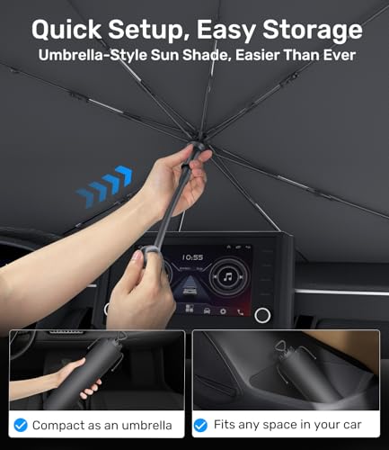 Zanch 2025 Upgraded Car Windshield Sun Shade [Cool Down by 75℉ ] with Heat Insulation Coating, Foldable Sunshade Umbrella with Flexible Handle & Ribs, Large (34''x61'') for Large SUV, Truck, Van - size: Large 61''x34''