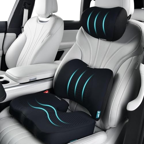 FLORICH 3 PCS Seat Cushion for Carseat Lumbar Support Pillow Car Neck Headrest Pillows Memory Foam Gel Memory Foam Massage Point Seat Pads Pressure Relief Back Cushion for Office Chair(Black) - color: Black, size: Cushion+lumbar+headrest