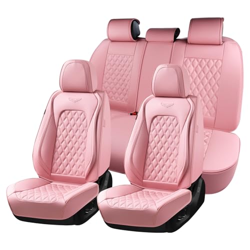 Coverado Full Set Car Seat Covers, Luxury Faux Leather Waterproof Seat Covers, Pink Car Seat Protectors, Universal Fit for Most Cars, Automotive Seat Covers-Pink - color: B/Pink, size: FullSet