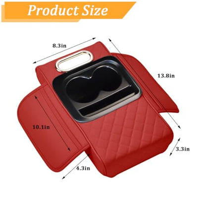 Car Center Console Armrest Box Mat, Nappa Leather Armrest Box Cover with Tissue Box, Cup Holder & Phone Holder, Middle Console Arm Rest Protection Pillow, Universal for Vehicles (Red) - color: Red
