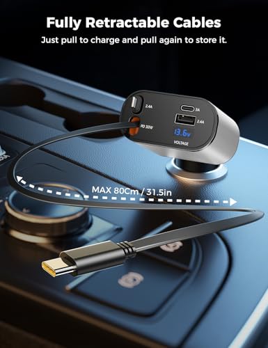 SUPERONE 【Upgraded】 Retractable Car Charger 4 in 1, Fast Car Phone Charger with Cord 2.6ft, USB C and Apple Car Charger Adapter, Compatible with iPhone 17/16/15/15 Pro Max/14/13/12/11, Galaxy, Pixel - color: Silver
