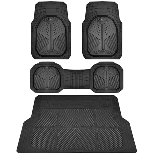 CAR PASS Heavy Duty Rubber Car Mats with Cargo Liner, Deep-Dish Car Floor Mats and Trunk Mat All Weather, Universal Trim-to-Fit for SUVs Trucks Sedans, Waterproof Anti-Slip, Trimmable V12 Black - color: All Black Full Set