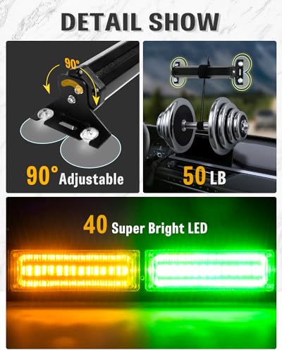 HLauto 1002L Emergency Strobe Traffic Advisor Light Bar: 40 LED Dash Safety Warning Flashing Light, Front/Rear Windshield Visor for Construction Vehicle, Tow/Plow Truck (2x10.7inch, Amber Green) - color: #03 Amber/Green