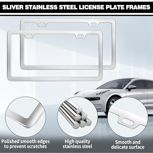 2 Pack Sliver Stainless Steel License Plate Frames with 2 Holes, Polish Mirror License Plate Holder, Rust-Proof, Includes Chrome Screw Accessories, Universal Car License Plate Cover for Man and Women