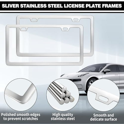 2 Pack Sliver Stainless Steel License Plate Frames with 2 Holes, Polish Mirror License Plate Holder, Rust-Proof, Includes Chrome Screw Accessories, Universal Car License Plate Cover for Man and Women